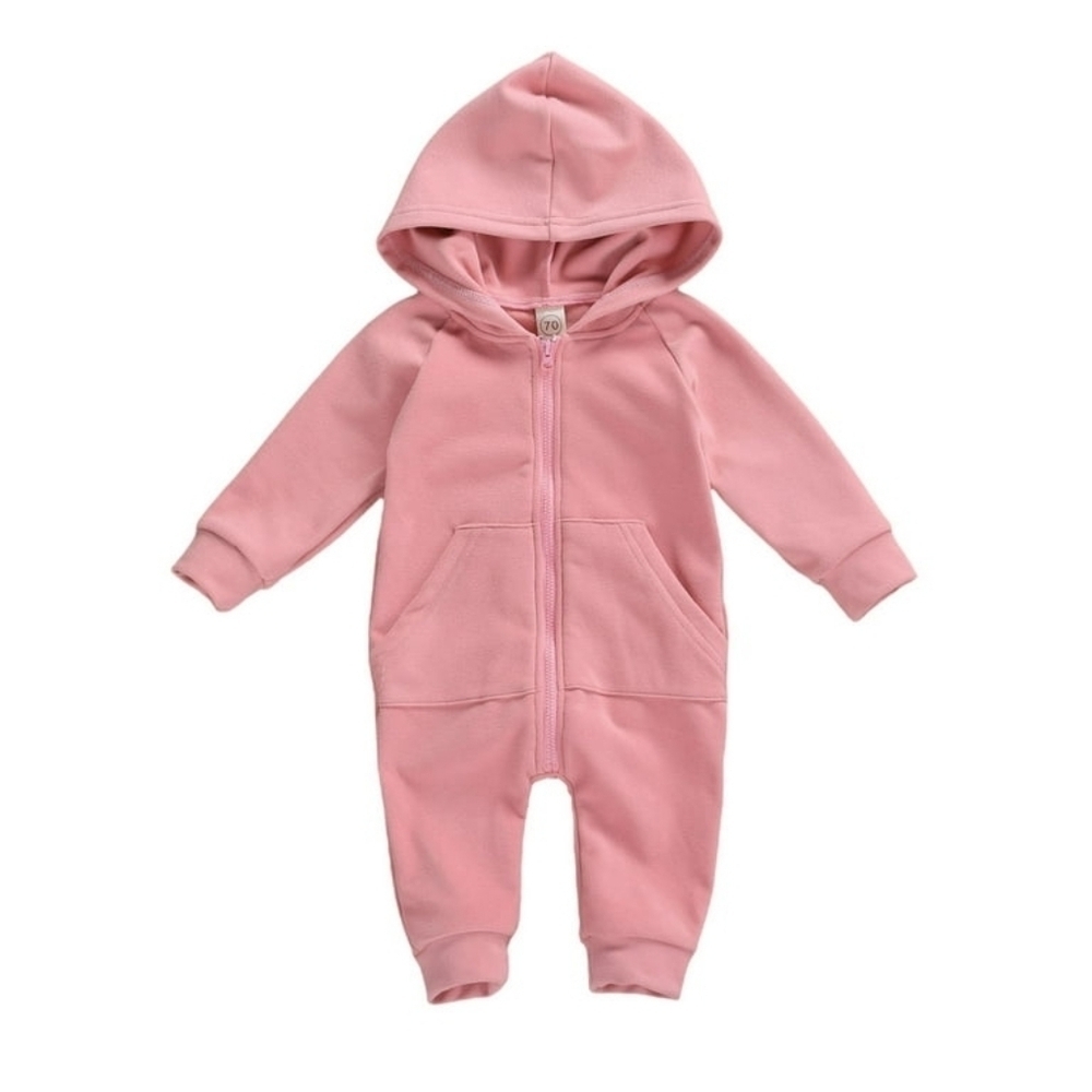 Baby Girl Long Sleeve Romper 0-3m (60) Solid Pink Hooded Zippered Jumpsuit NWOT